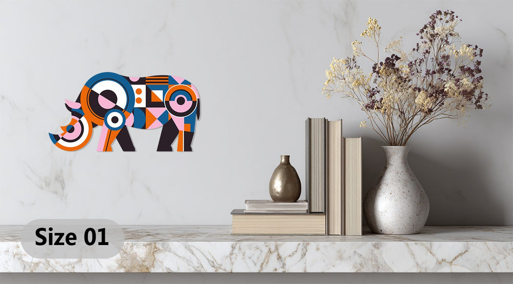 Modern animal wall décor — vibrant geometric rhino sculpture in orange and blue
