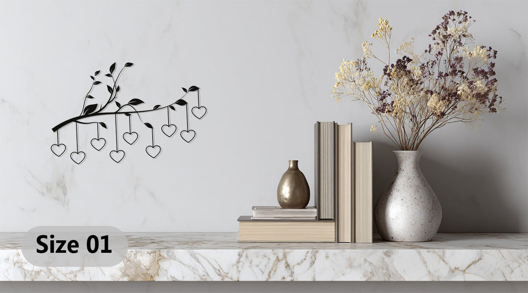 Hanging Hearts on Branch – Romantic Metal Wall Art