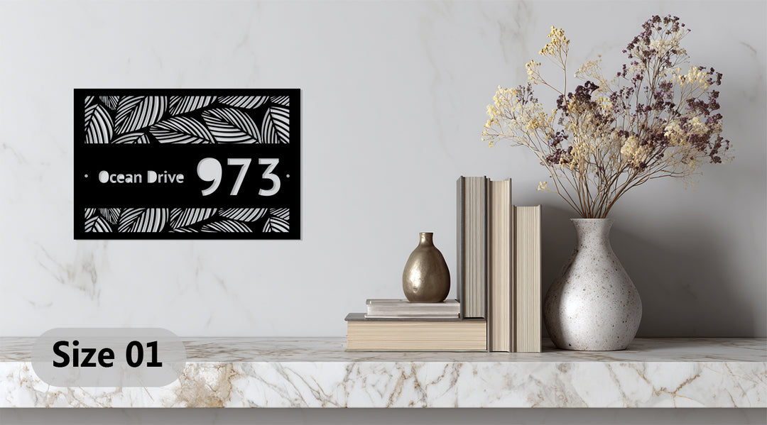Custom Metal Address Plaque – Tropical Leaf Design House Number Sign