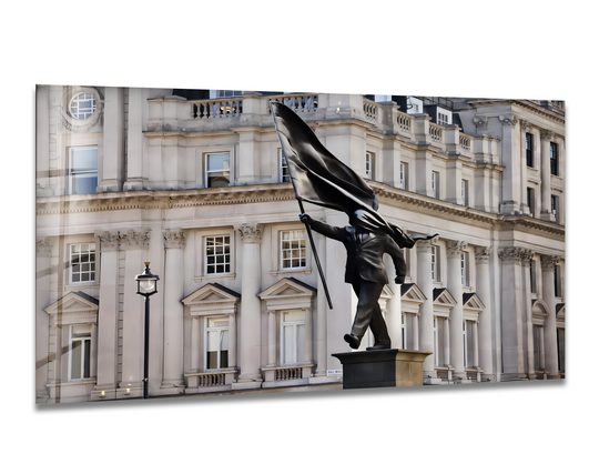 The striking black figure of the Stride of Freedom statue, a powerful Banksy London wall art, stands as a bold home decoration.