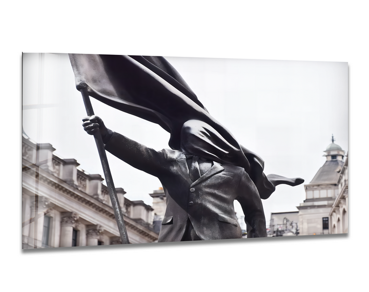 The central subject, a dramatic Banksy Flag Bearer statue, shows a figure holding a flag flowing over its head, excellent wall art prints.