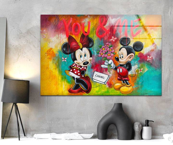 You & Me Mickey Mouse Glass Wall Art glass art painting, glass art for the Wall
