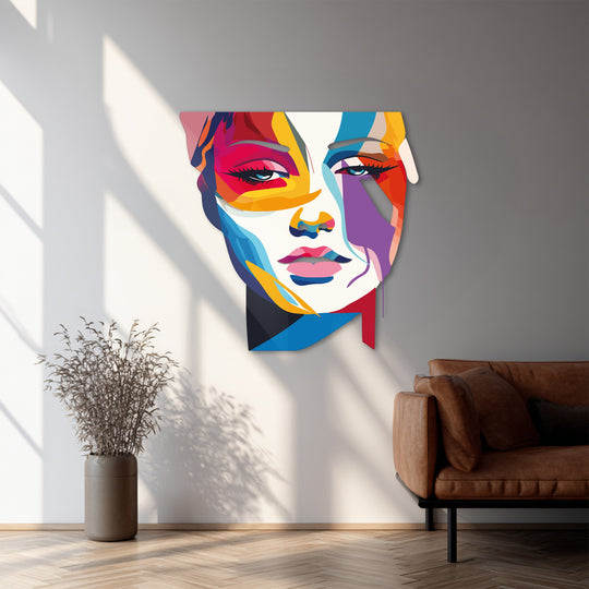 Modern pop art metal wall decor featuring vibrant female portrait