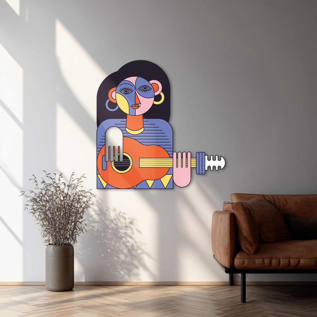 Cubist Woman with Guitar Metal Wall Art – Modern Abstract Music Decor
