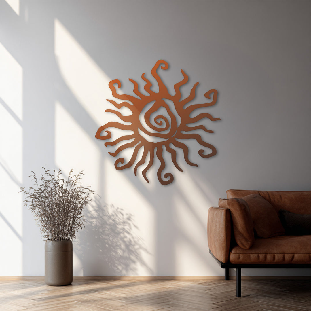 Modern copper sun design wall sculpture