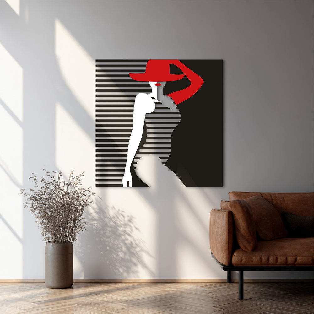 Elegant fashion-inspired metal wall decor with red accent tones