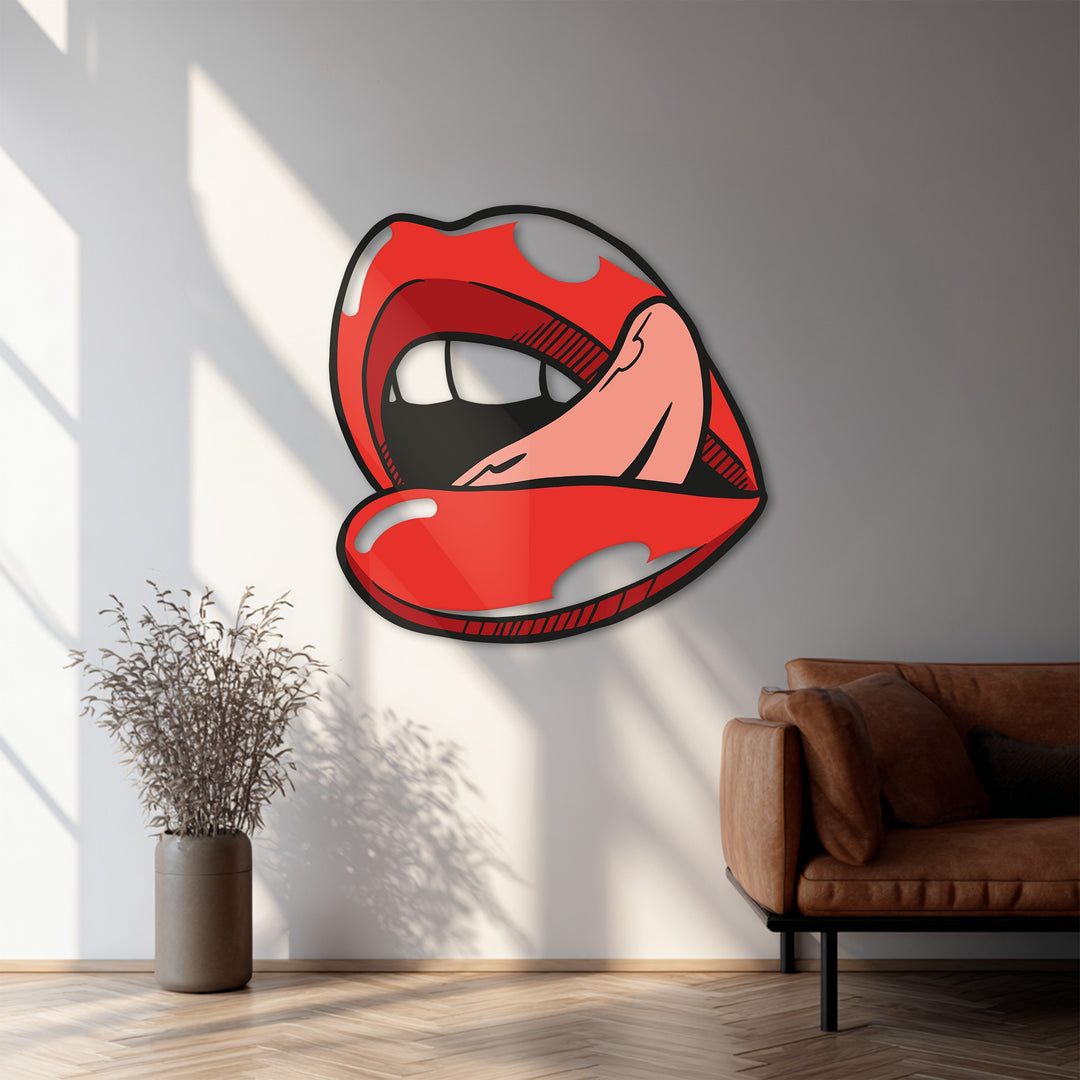 Modern metal wall sculpture featuring red pop art lips