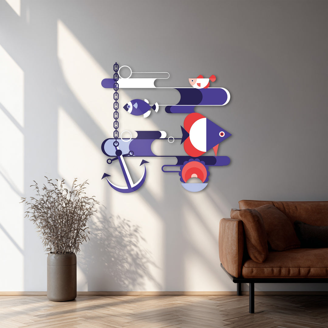 Contemporary coastal wall art with colorful fish shapes