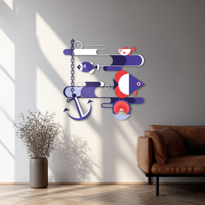 Contemporary coastal wall art with colorful fish shapes