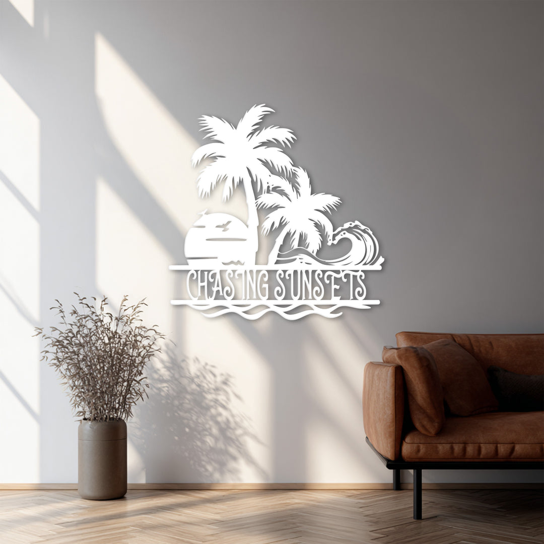 Chasing Sunsets Metal Wall Art – Palm Tree & Ocean Wave Design