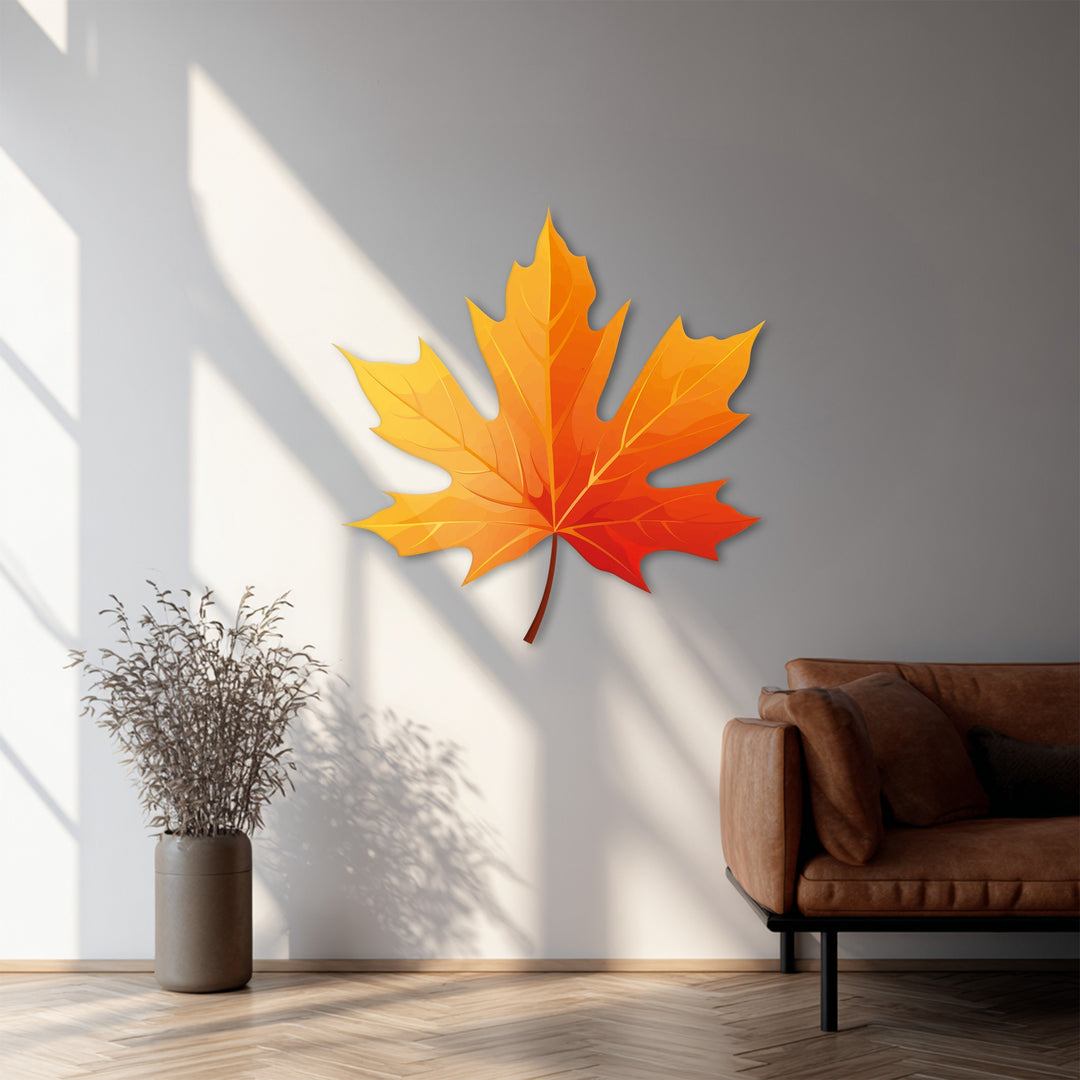 Depth and layers are enhanced in this striking metal artwork showcasing a golden autumn maple leaf, creating a visually engaging fall wall decor.