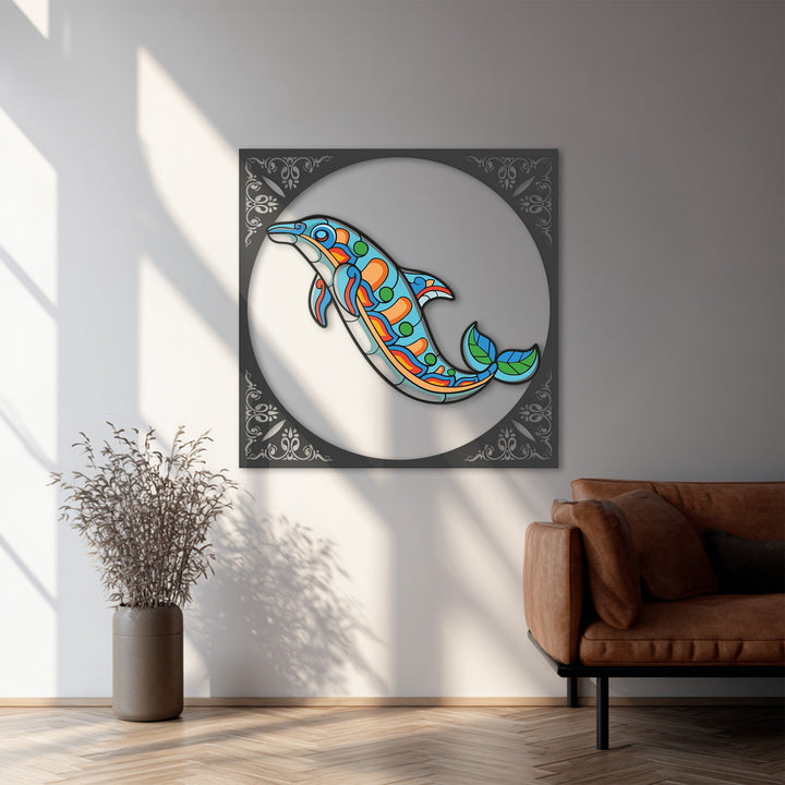 Modern metal wall decor featuring vibrant dolphin motif