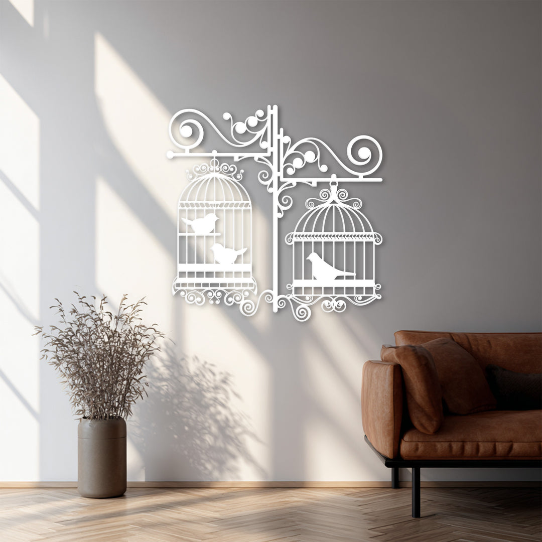 طيور مغردة من العصر الفيكتوري – قفص طيور مزخرف فن جداري معدني