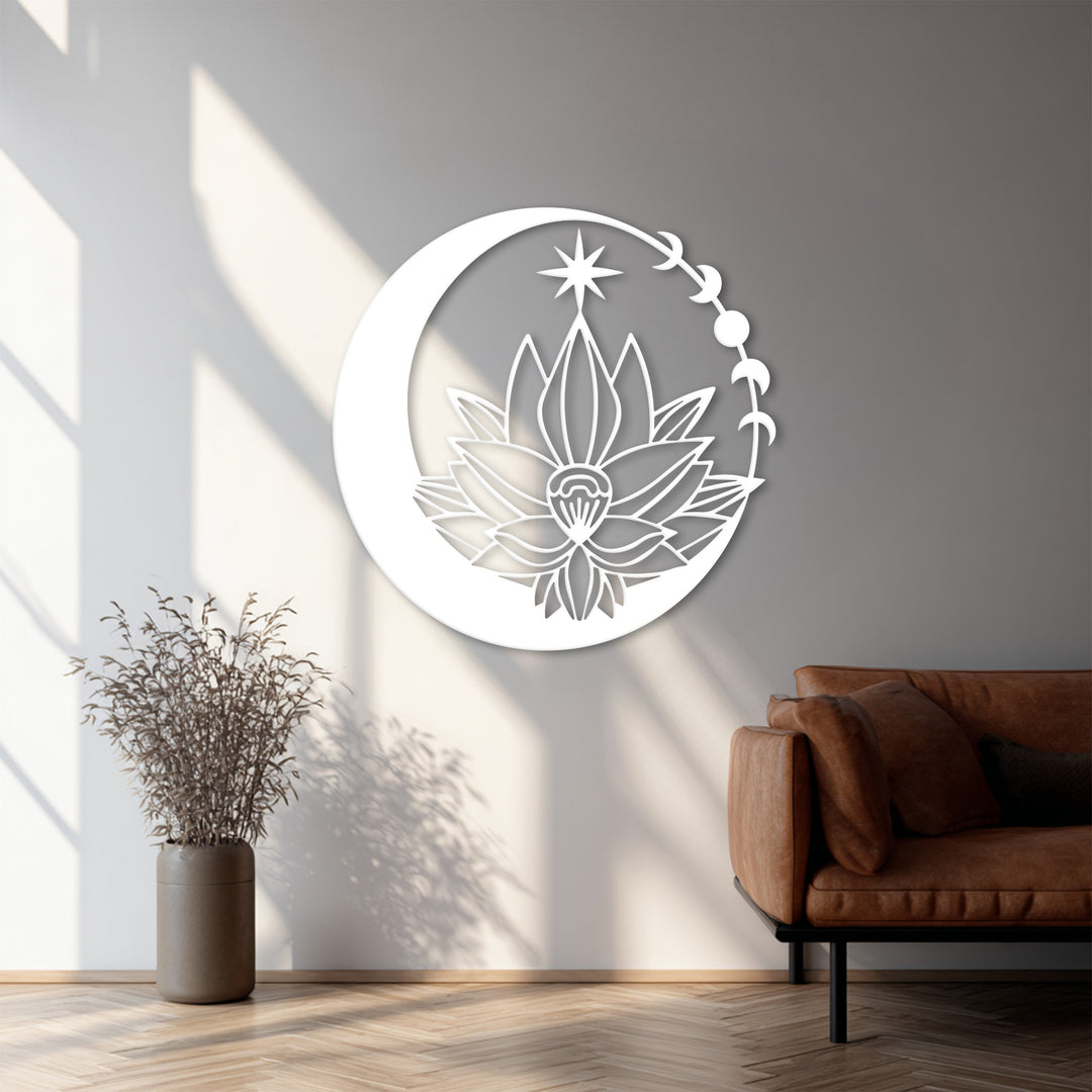 Lunar Blossom – Moon and Lotus Flower Metal Wall Art