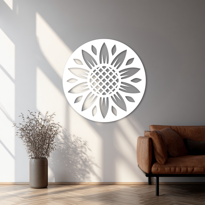 The laser-cut sunflower in this metal wall decor piece features an intricate floral pattern that adds a touch of modern elegance to any space.