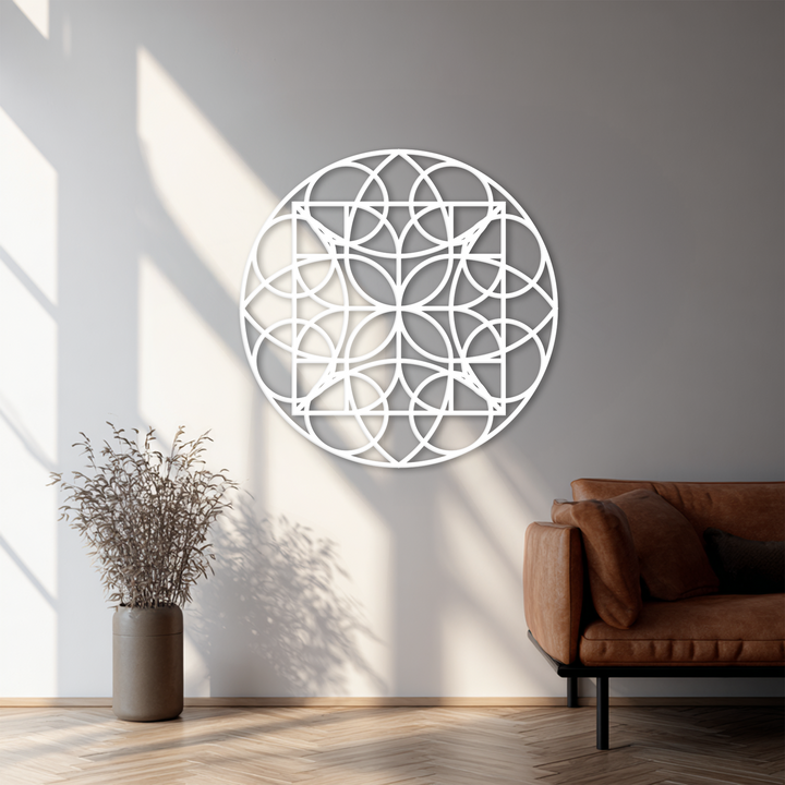 Smooth, powder-coated surface texture defines this geometric circle grid black metal art for wall decor, reflecting light and adding a modern touch to the interior.