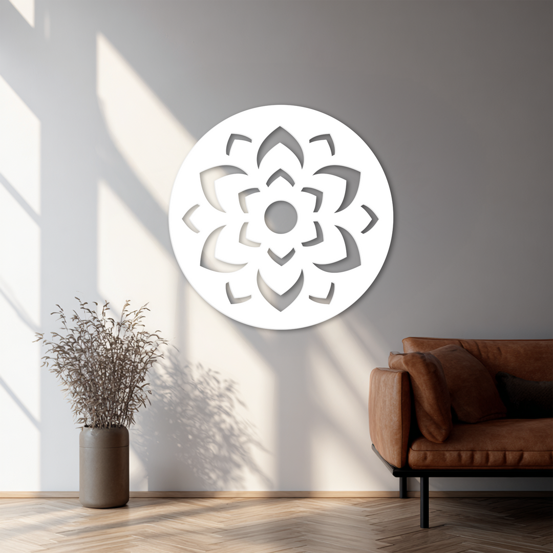 The crisp edge of this unique metal wall art highlights the mandala pattern's circular border, contrasting against the textured wall.