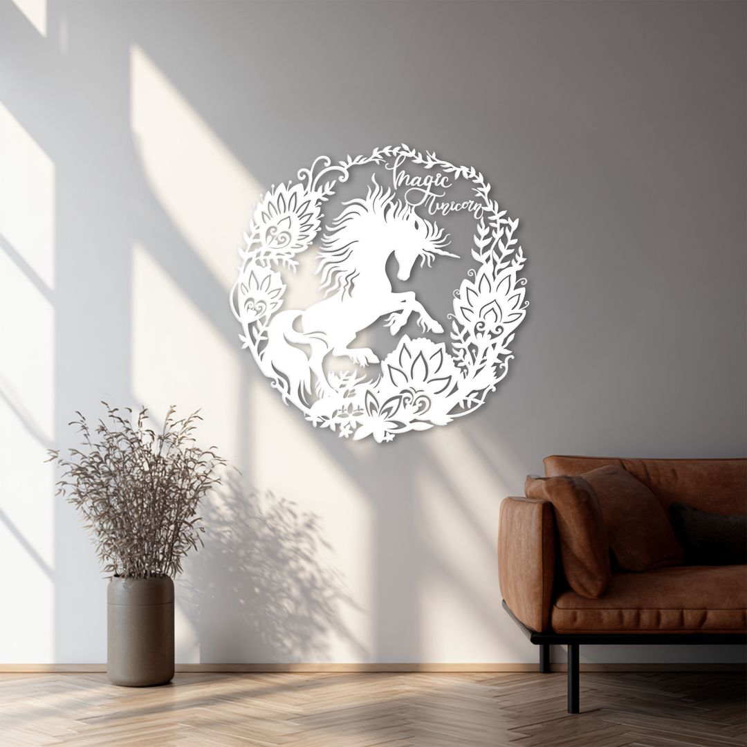 Muted color saturation showcases the elegant magic unicorn floral wreath round black metal artwork, providing a subtle visual statement.