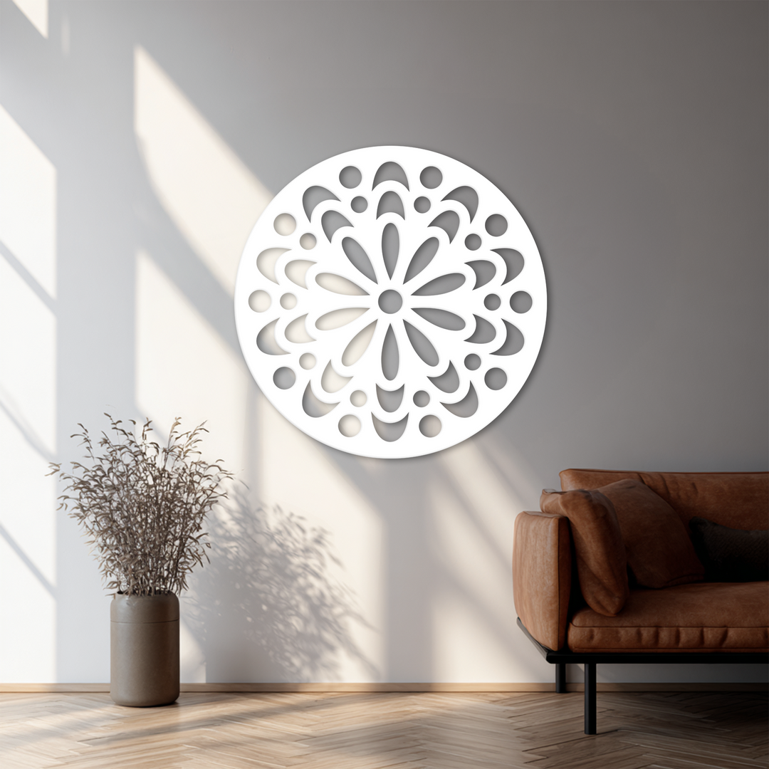 White finish highlights the intricate floral mandala design of this metal decoration wall art, creating an elegant and eye-catching piece.