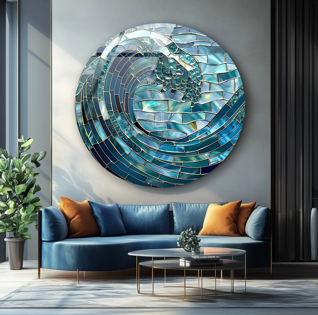 Ocean Wave in Blue Mosaic Round Glass Wall Art - MyPhotoStation