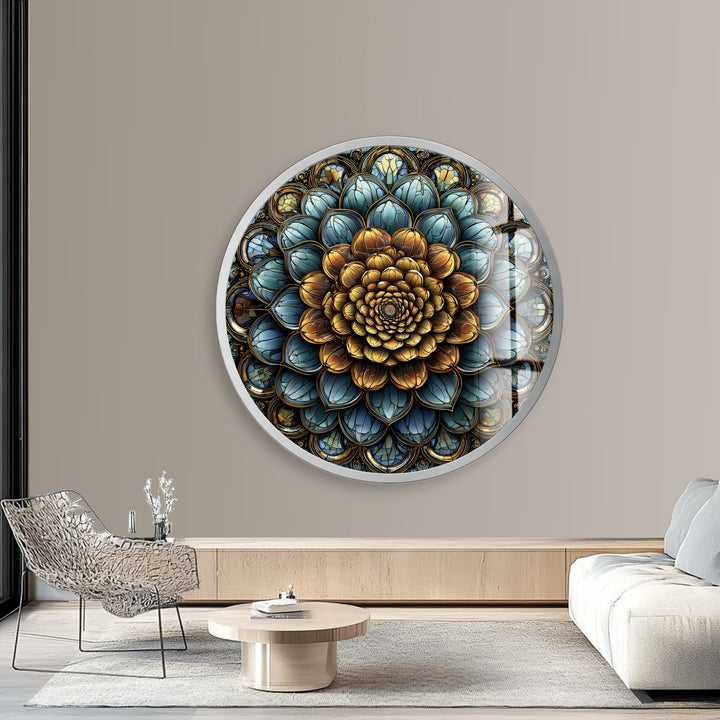 Golden Mandala Bloom – Round Glass Wall Art
