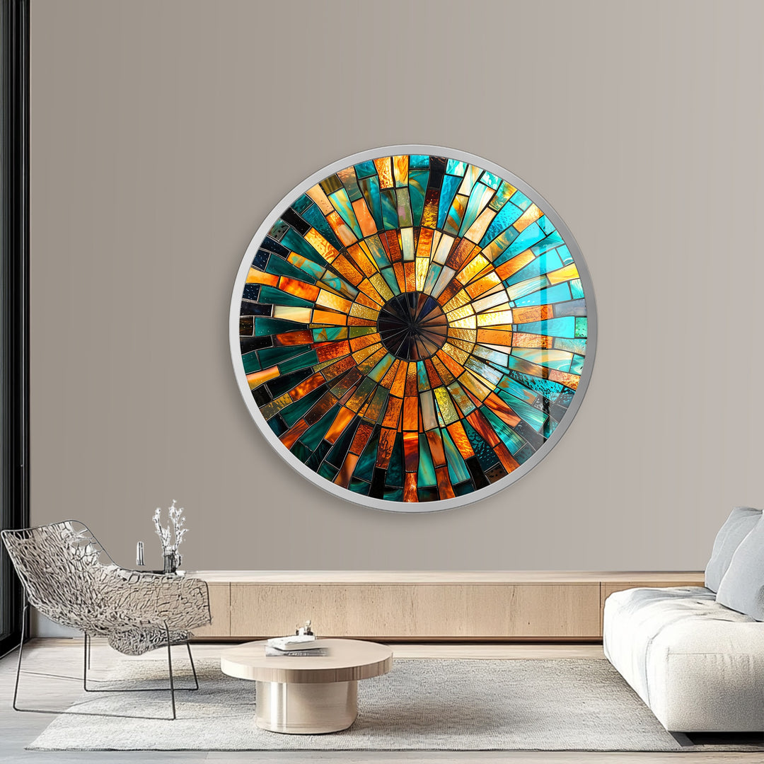 Radiant Sunburst – Golden Mosaic Round Glass Wall Art