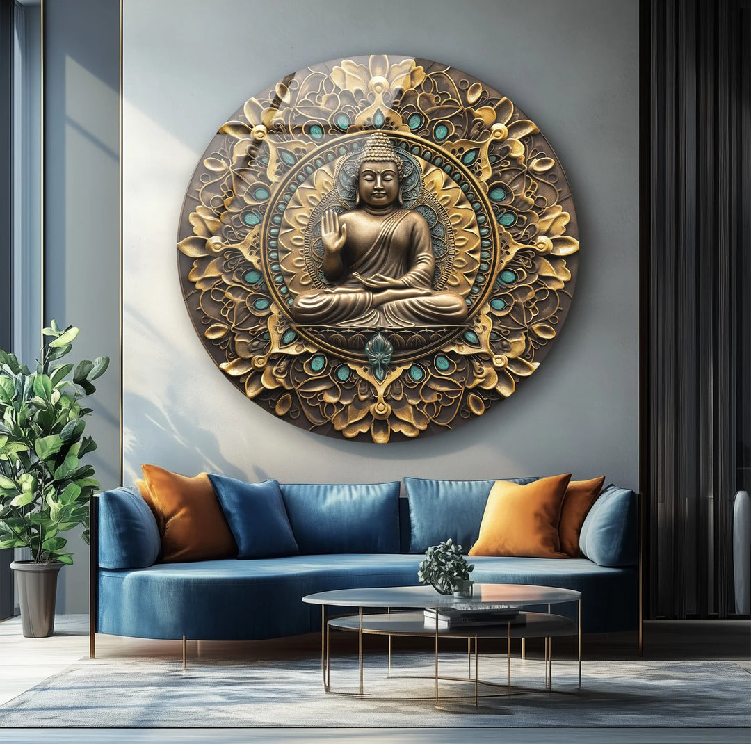 Golden Mandala Buddha – Ornate Round Glass Wall Art - MyPhotoStation