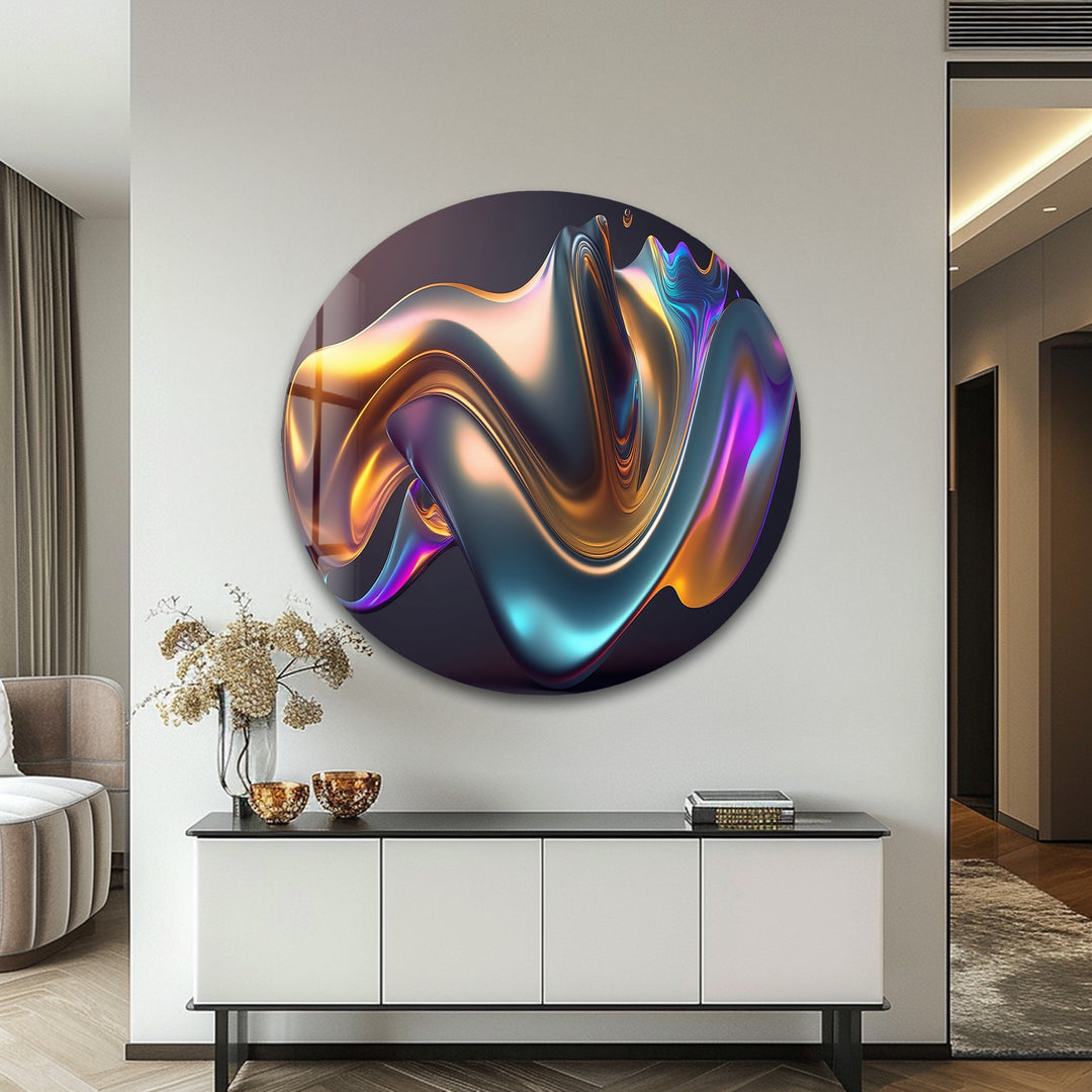 Prismatic Flow Mirage – Iridescent Chrome Wave Glass Wall Art