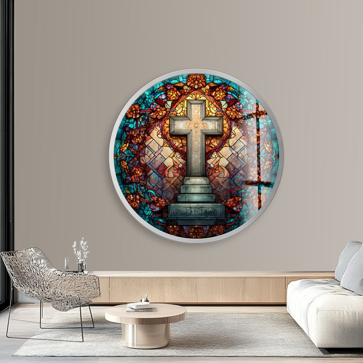 Golden Petal Harmony – Round Glass Wall Art