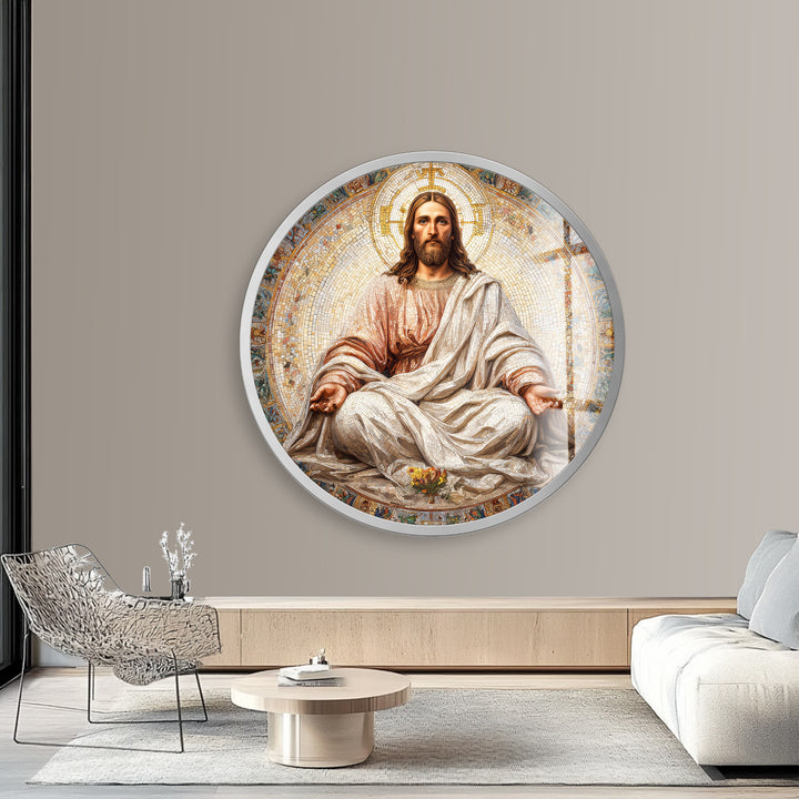 Radiant Christ in Serenity – Mosaic Round Glass Wall Art