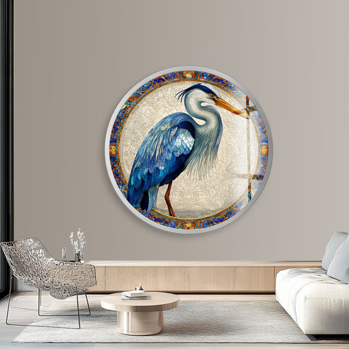 Regal Blue Heron – Round Glass Wall Art