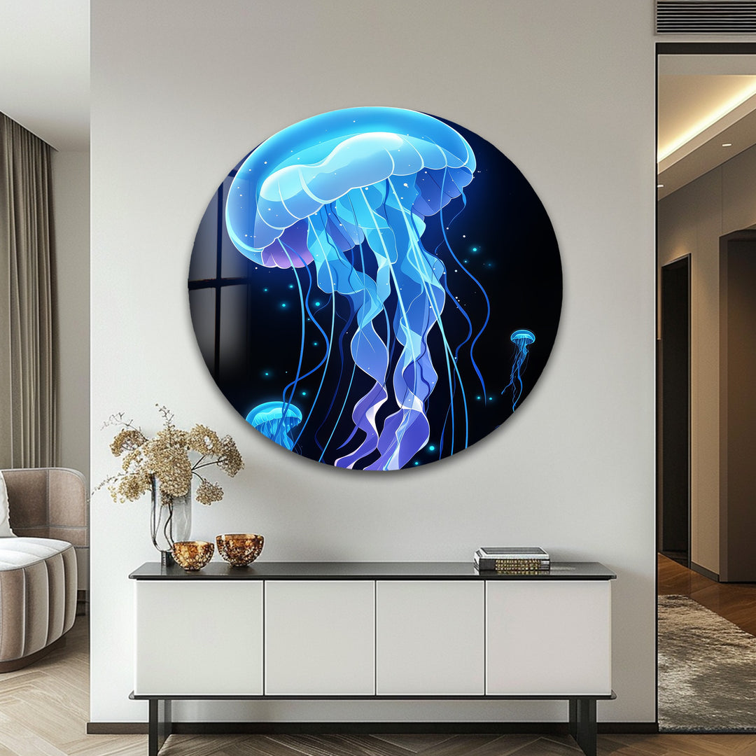Luminous Depths – Jellyfish Glow Glass Wall Art