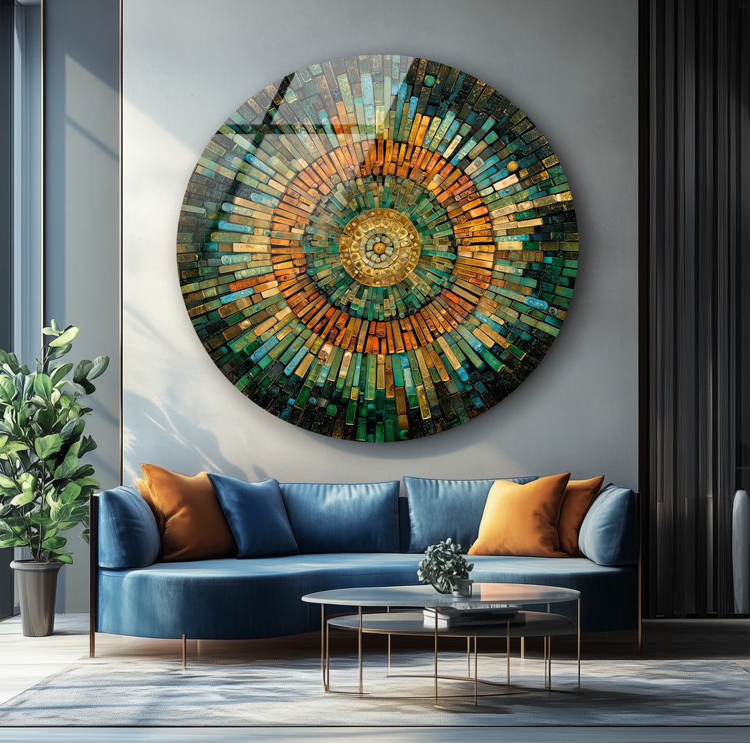 Golden Horizon – Emerald & Amber Mosaic Round Glass Wall Art