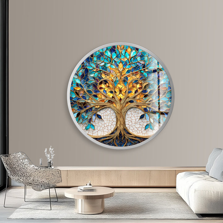 Luminous Harmony Tree – Round Glass Wall Art
