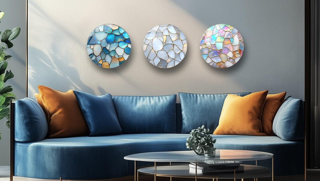 Serene Glow – Ocean Pebble Mosaic Round Glass Wall Art Set
