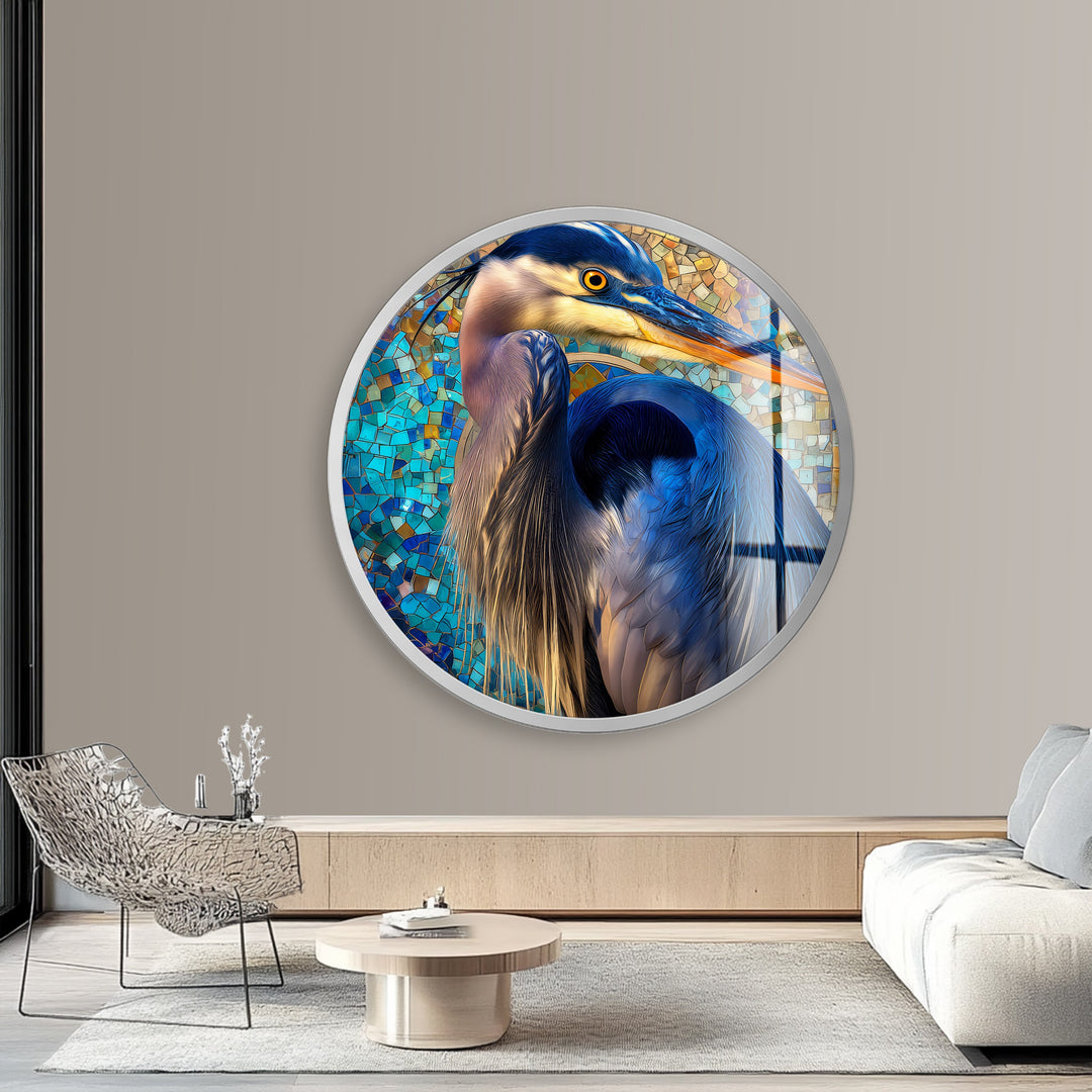 Azure Watchful Heron – Round Glass Wall Art
