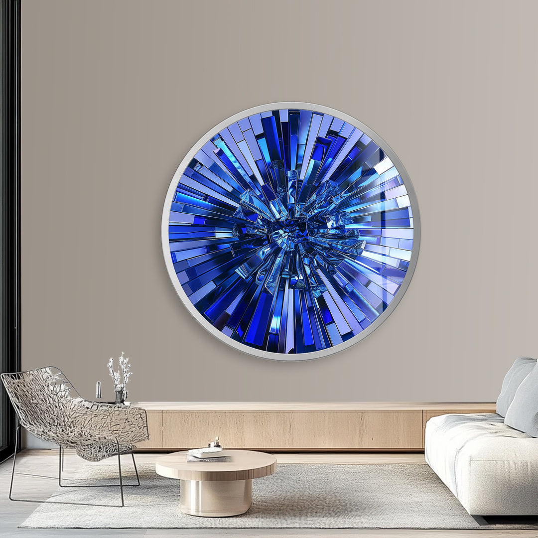 Sapphire Burst – Modern Blue Mosaic Round Glass Wall Art
