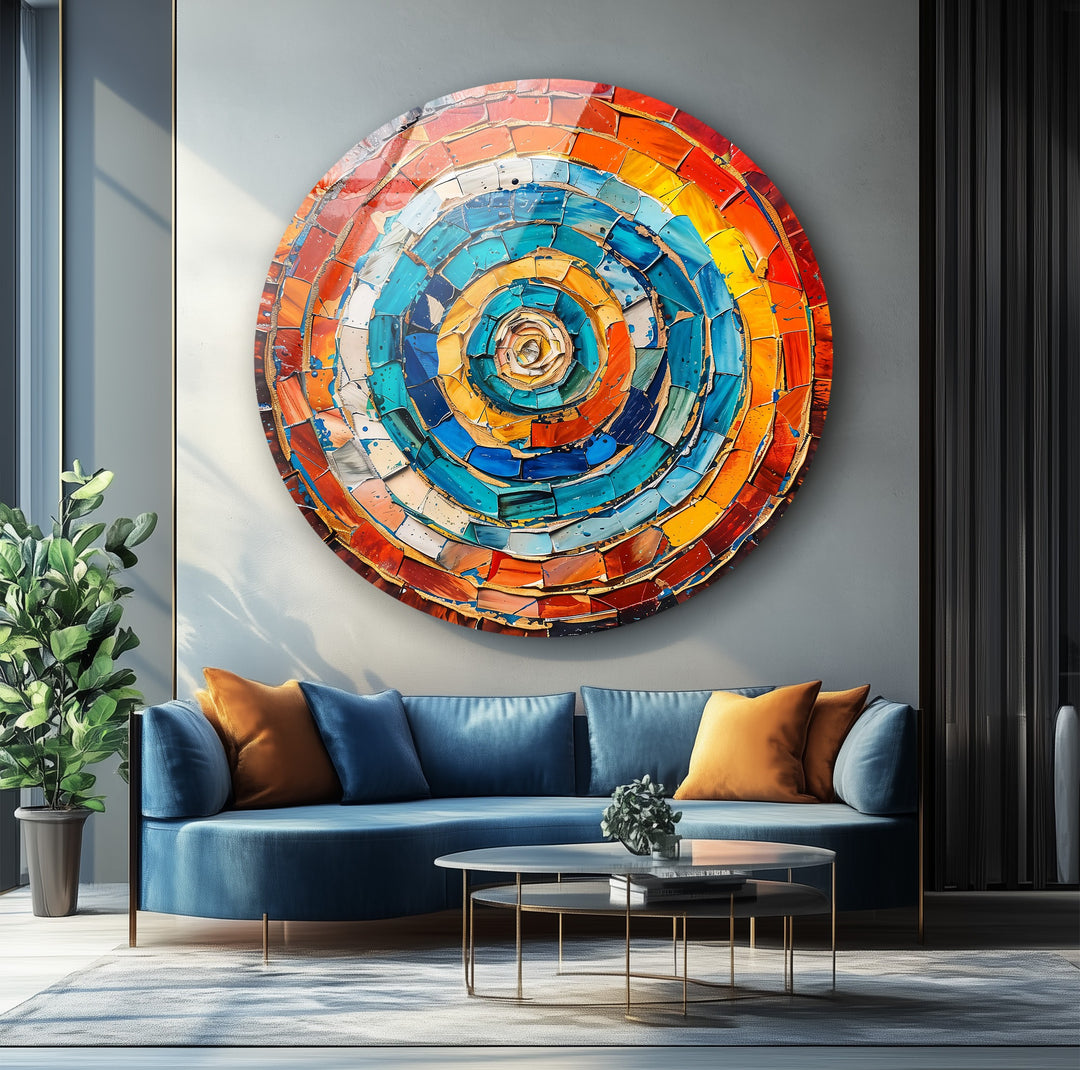 Radiant Vortex – Abstract Circular Mosaic Round Glass Wall Art