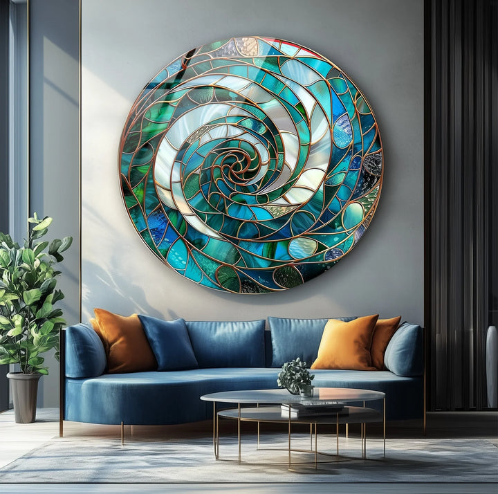 Aqua Spiral Harmony – Round Glass Wall Art - MyPhotoStation