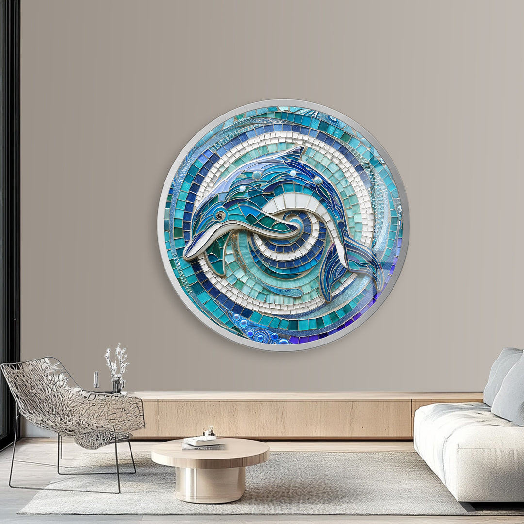 Ocean Harmony – Dolphin Mosaic Round Glass Wall Art