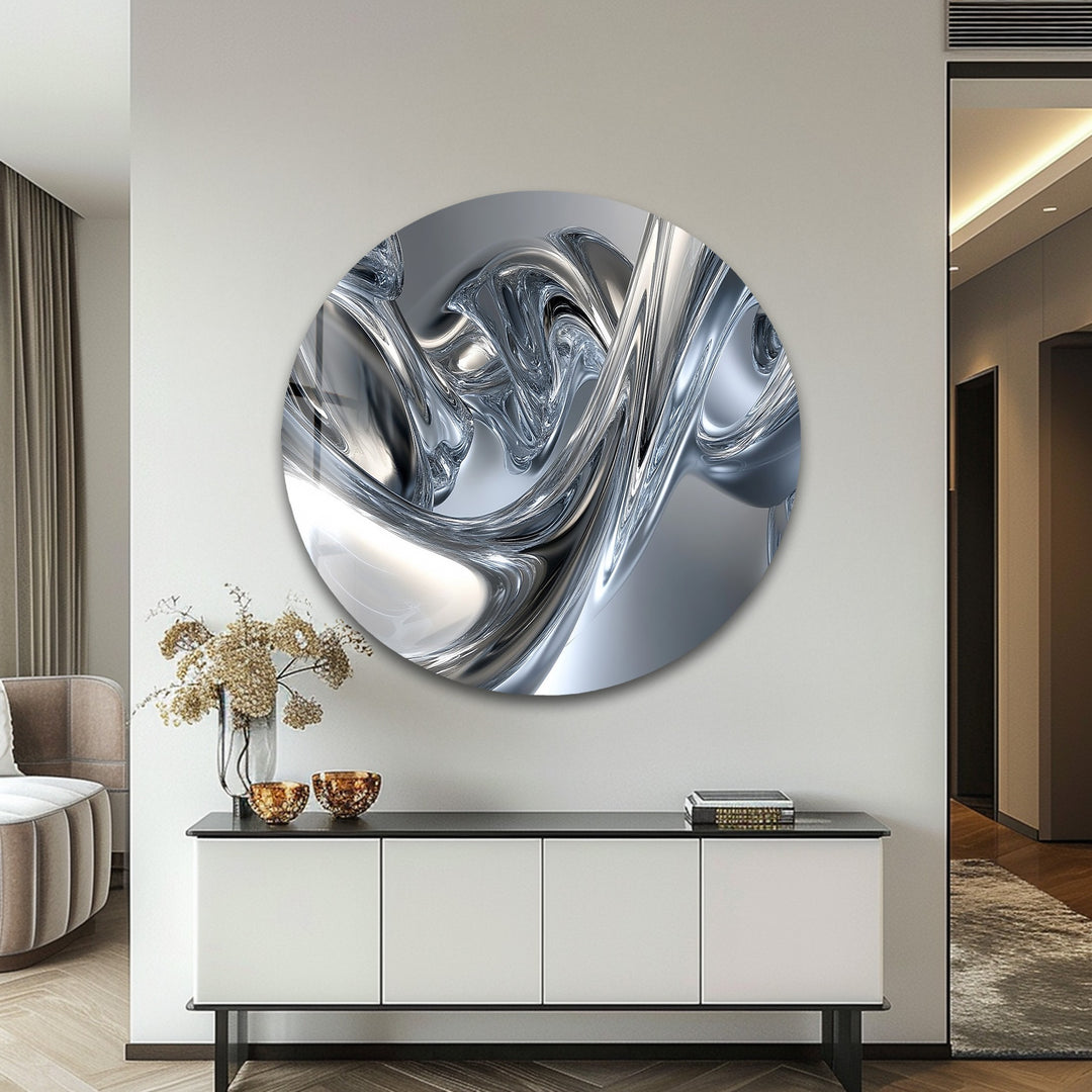 Silver Liquid Contours – Abstract Chrome Flow Glass Wall Art