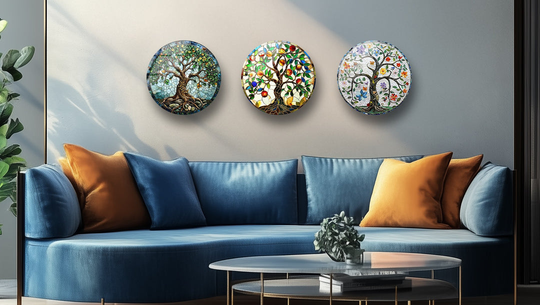 Colorful Mosaic Tree of Life Round Glass Wall Art Set – Boho Nature-Inspired Decor