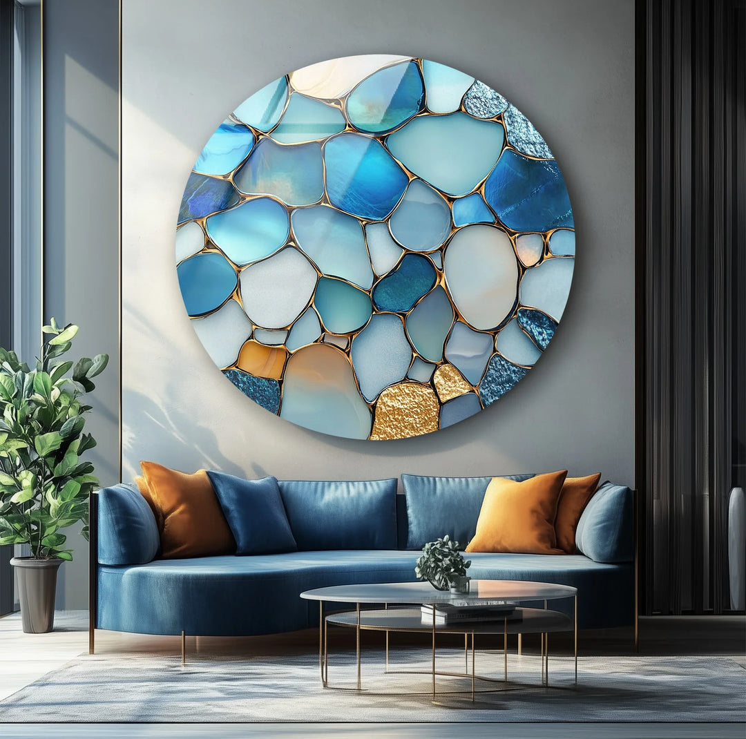 Ocean Blue Stone Mosaic Round Glass Wall Art - MyPhotoStation