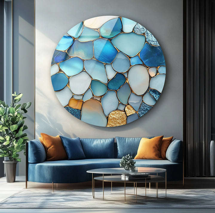 Ocean Blue Stone Mosaic Round Glass Wall Art - MyPhotoStation