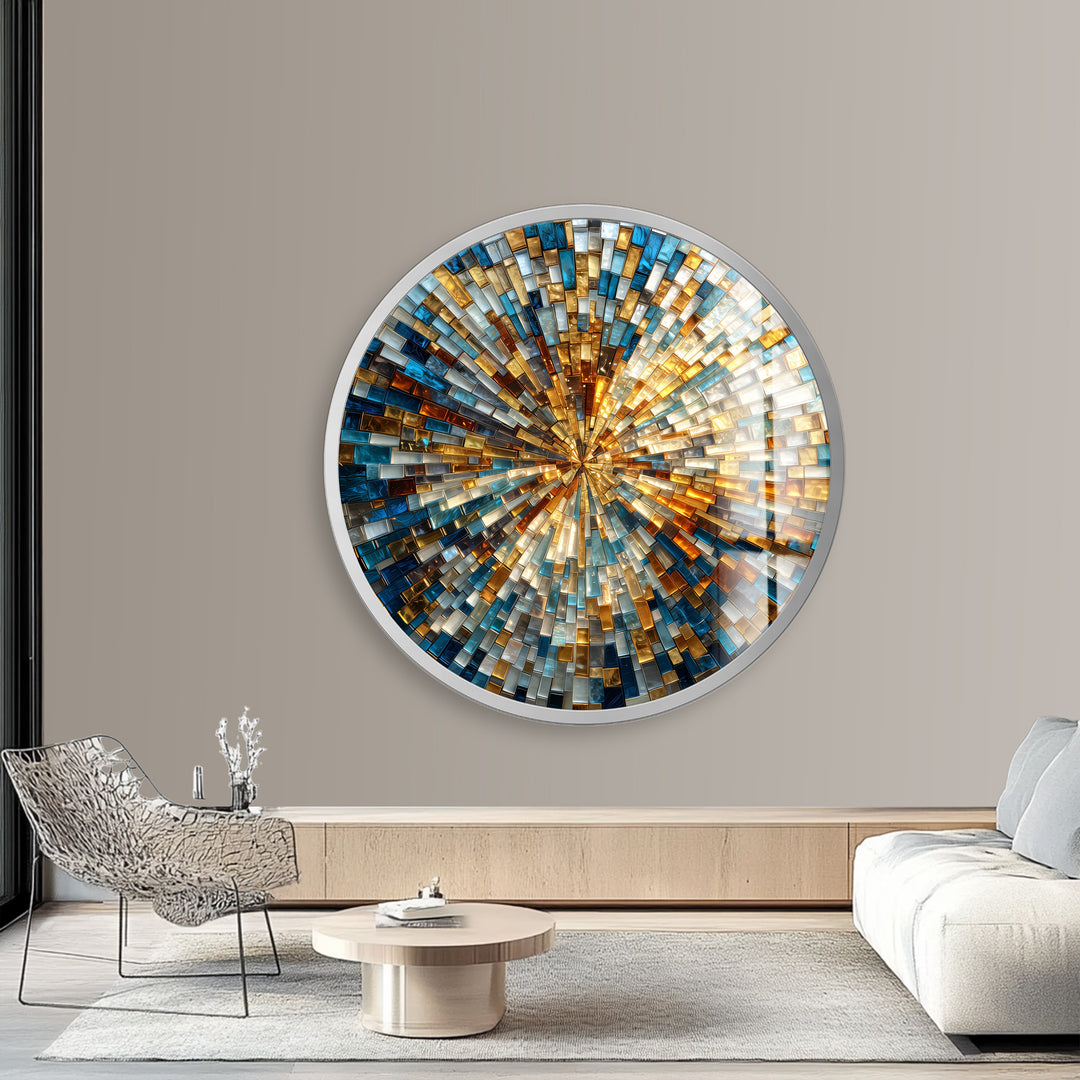 Golden Radiance Spiral  – Round Glass Wall Art