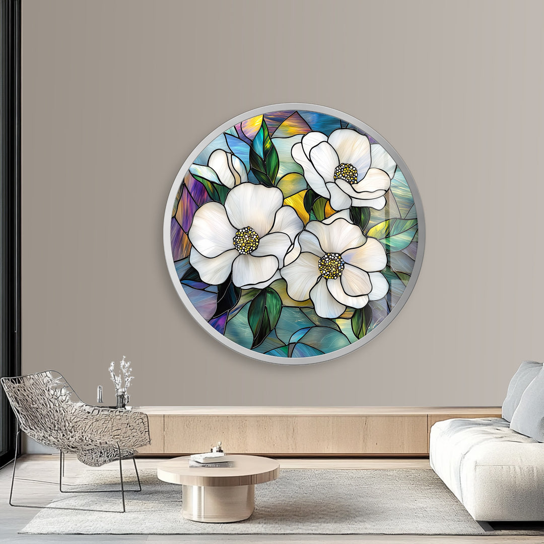 Ivory Bloom Harmony – Round Glass Wall Art