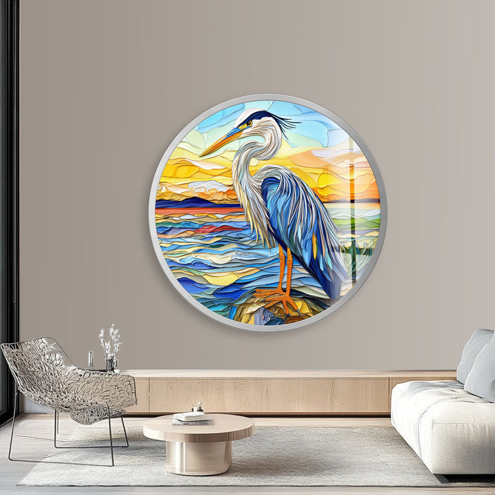 Blue Heron at Dusk – Round Glass Wall Art