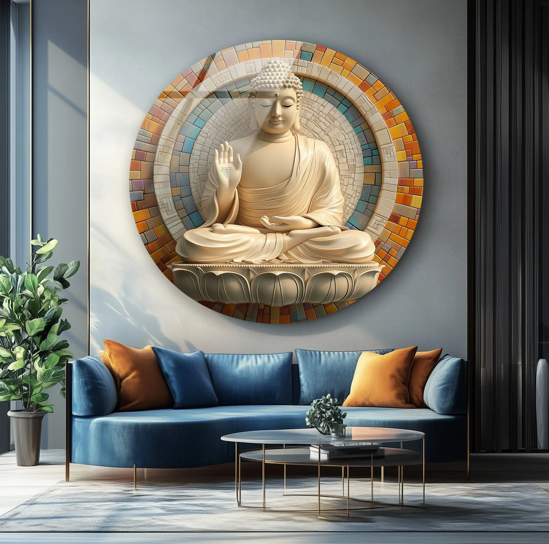 Tranquil Buddha Mosaic Round Glass Wall Art - MyPhotoStation