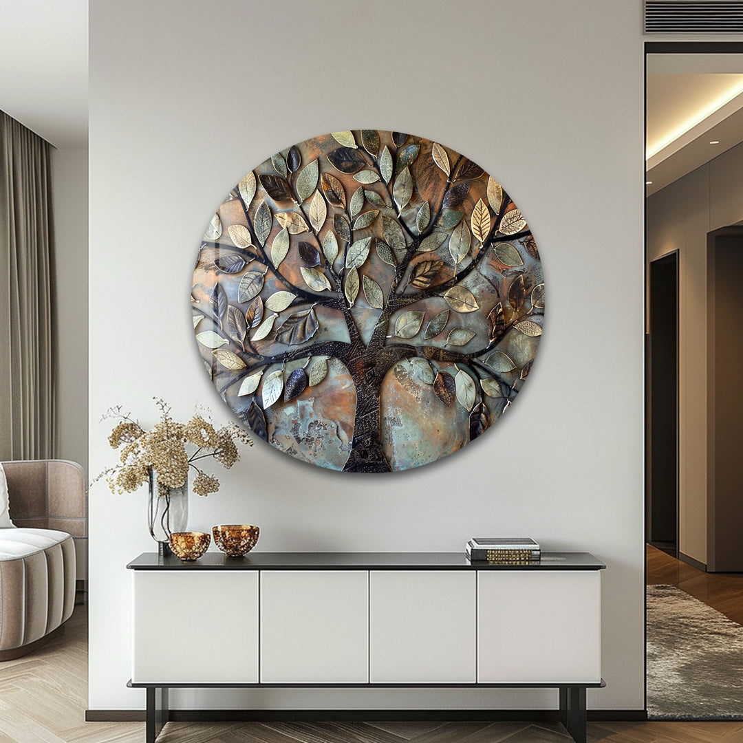Verdant Bronze Tree – Textured Nature-Inspired Glass Wall Art