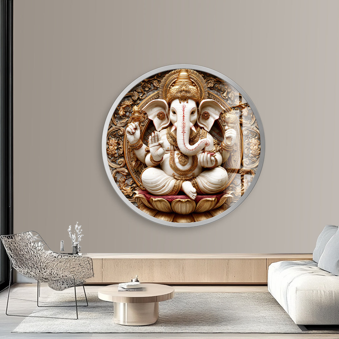 Golden Ganesha Serenity – Round Glass Wall Art